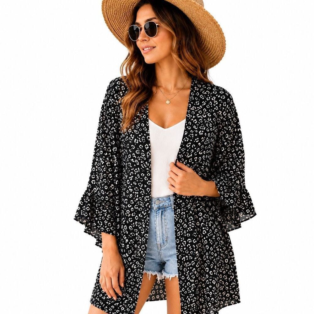 Black Leopard Print Kimono Cardigan Oversized Boho Layering Cover Up Small